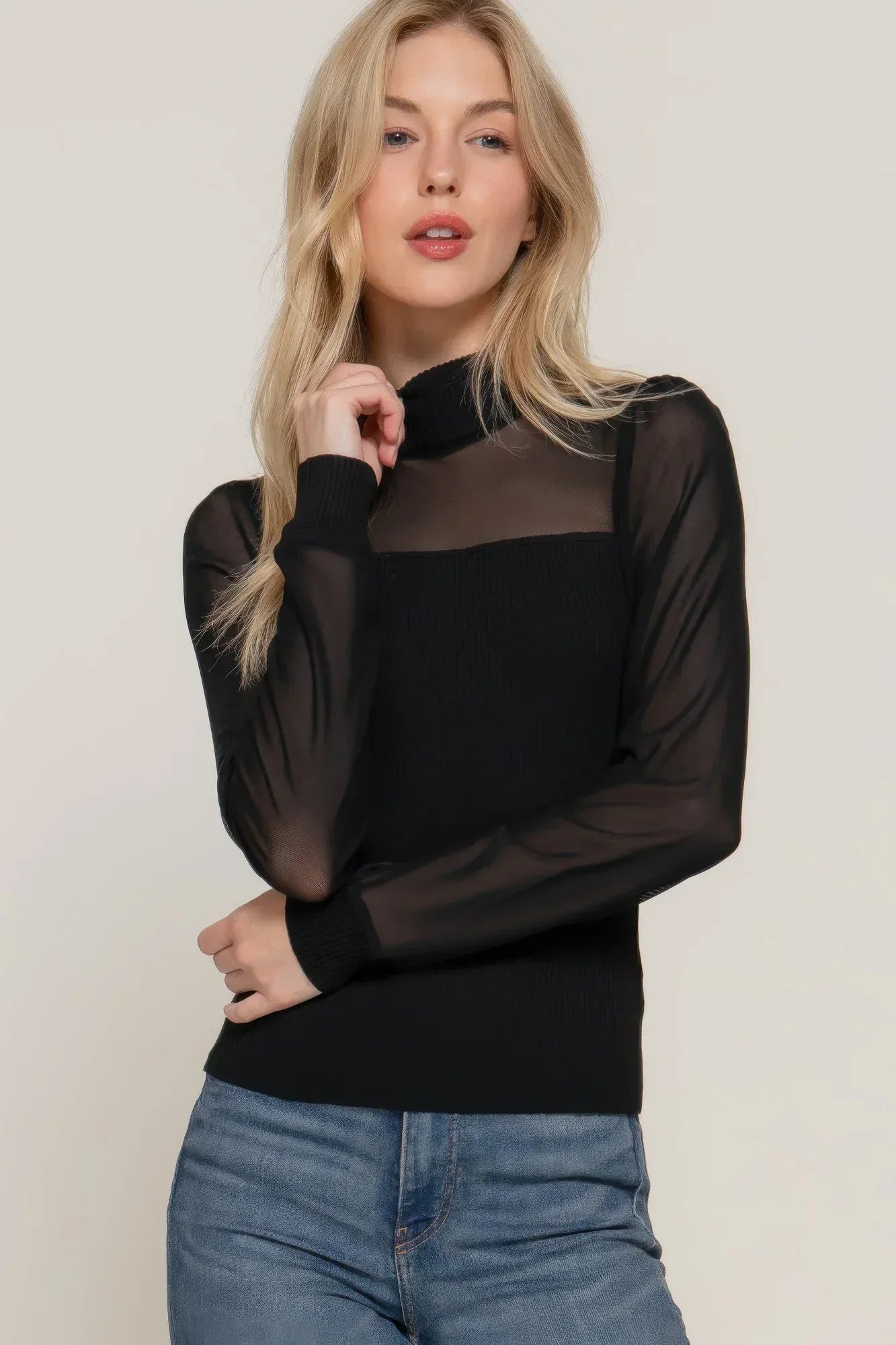Long Slv Mesh Panel Detail Sweater Top | Mixtshop LLC Main image