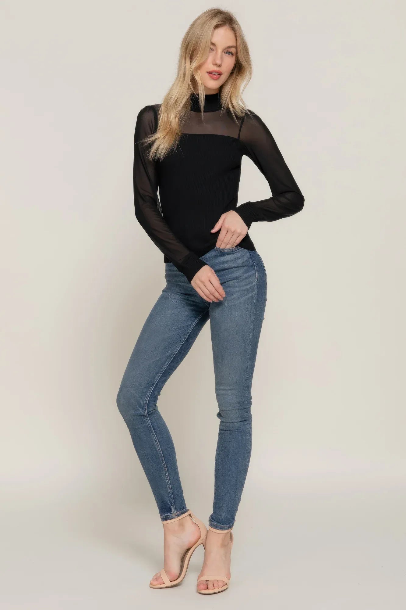 Long Slv Mesh Panel Detail Sweater Top | Mixtshop LLC
