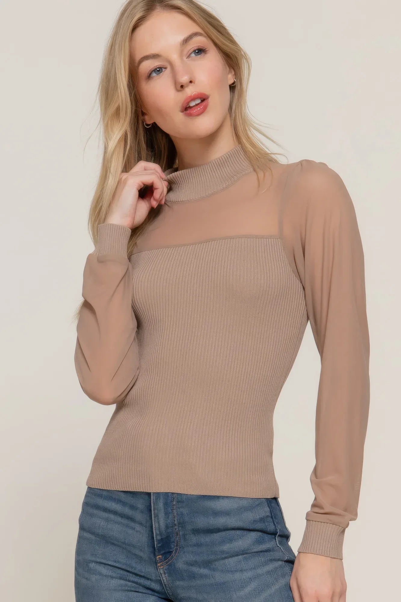 Long Slv Mesh Panel Detail Sweater Top | Mixtshop LLC Main image