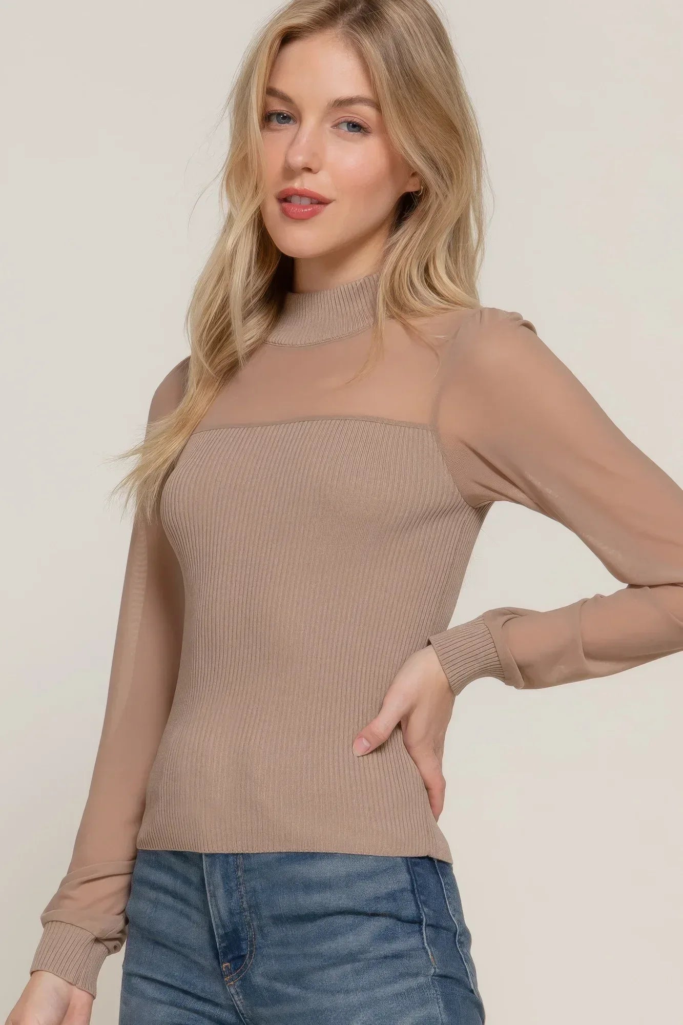 Long Slv Mesh Panel Detail Sweater Top | Mixtshop LLC