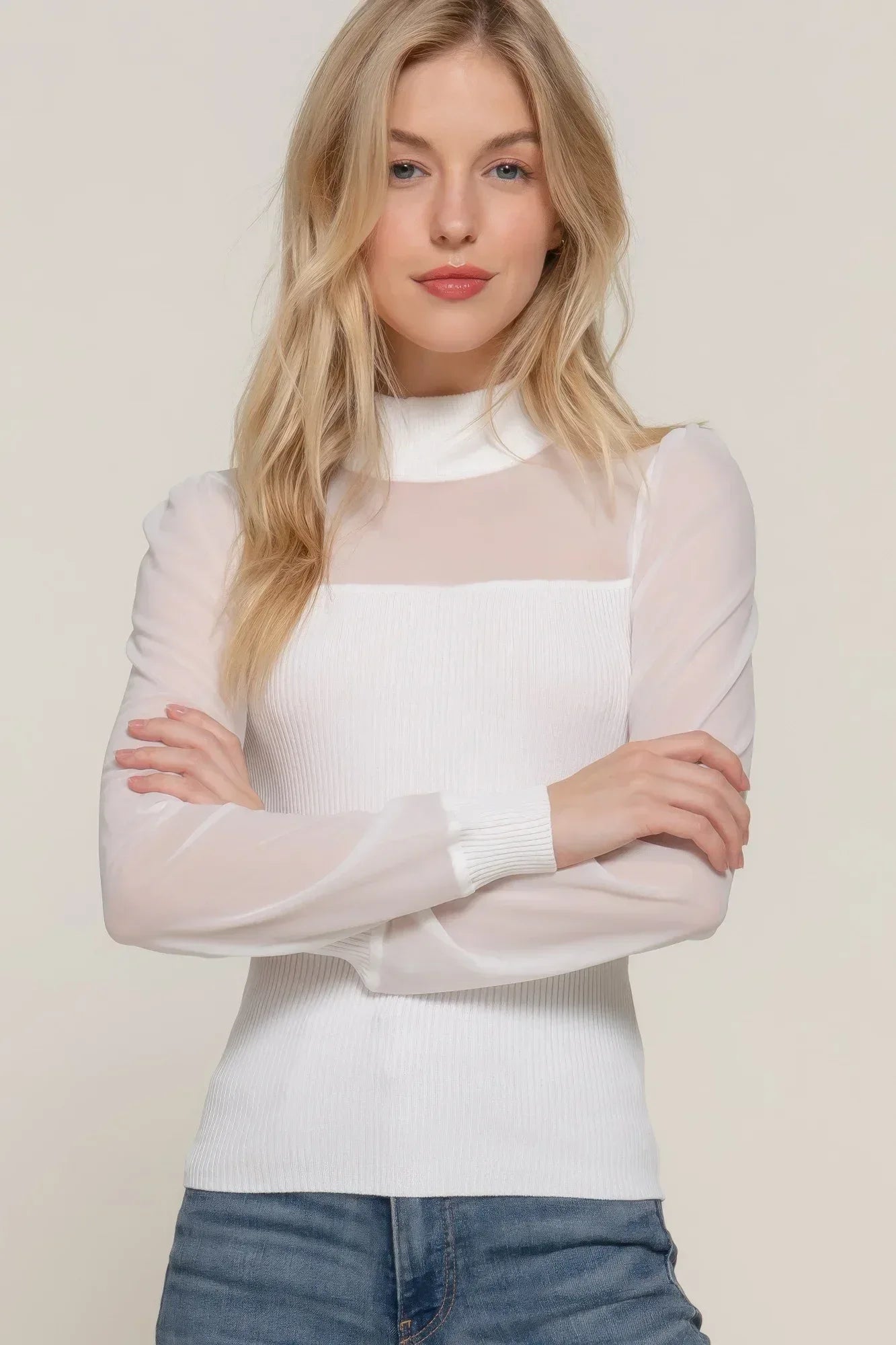 Long Slv Mesh Panel Detail Sweater Top | Mixtshop LLC Main image