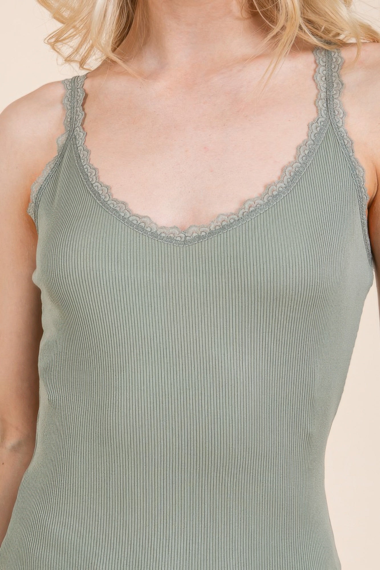 Ribbed V-neck Lace Trim With Strap Tank Top | Mixtshop LLC