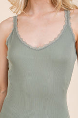 Ribbed V-neck Lace Trim With Strap Tank Top | Mixtshop LLC