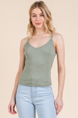 Ribbed V-neck Lace Trim With Strap Tank Top | Mixtshop LLC