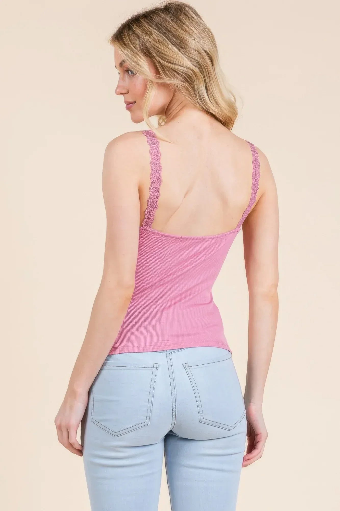 Ribbed V-neck Lace Trim With Strap Tank Top | Mixtshop LLC
