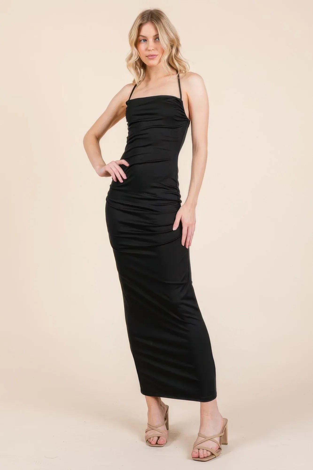 Asymmetry Ruched Double Layered Maxi Dress | Mixtshop LLC Main image