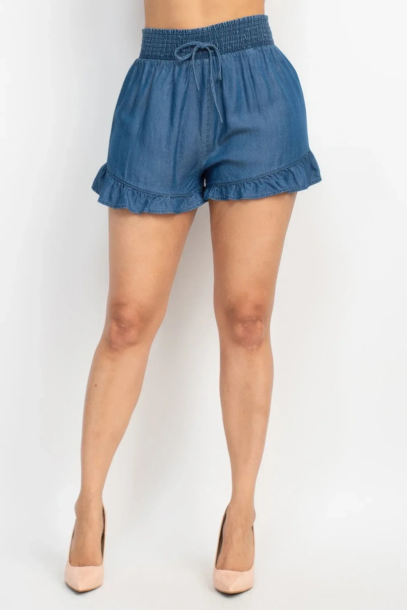 Smocked Waist Ruffled Denim Shorts | Mixtshop LLC Main image