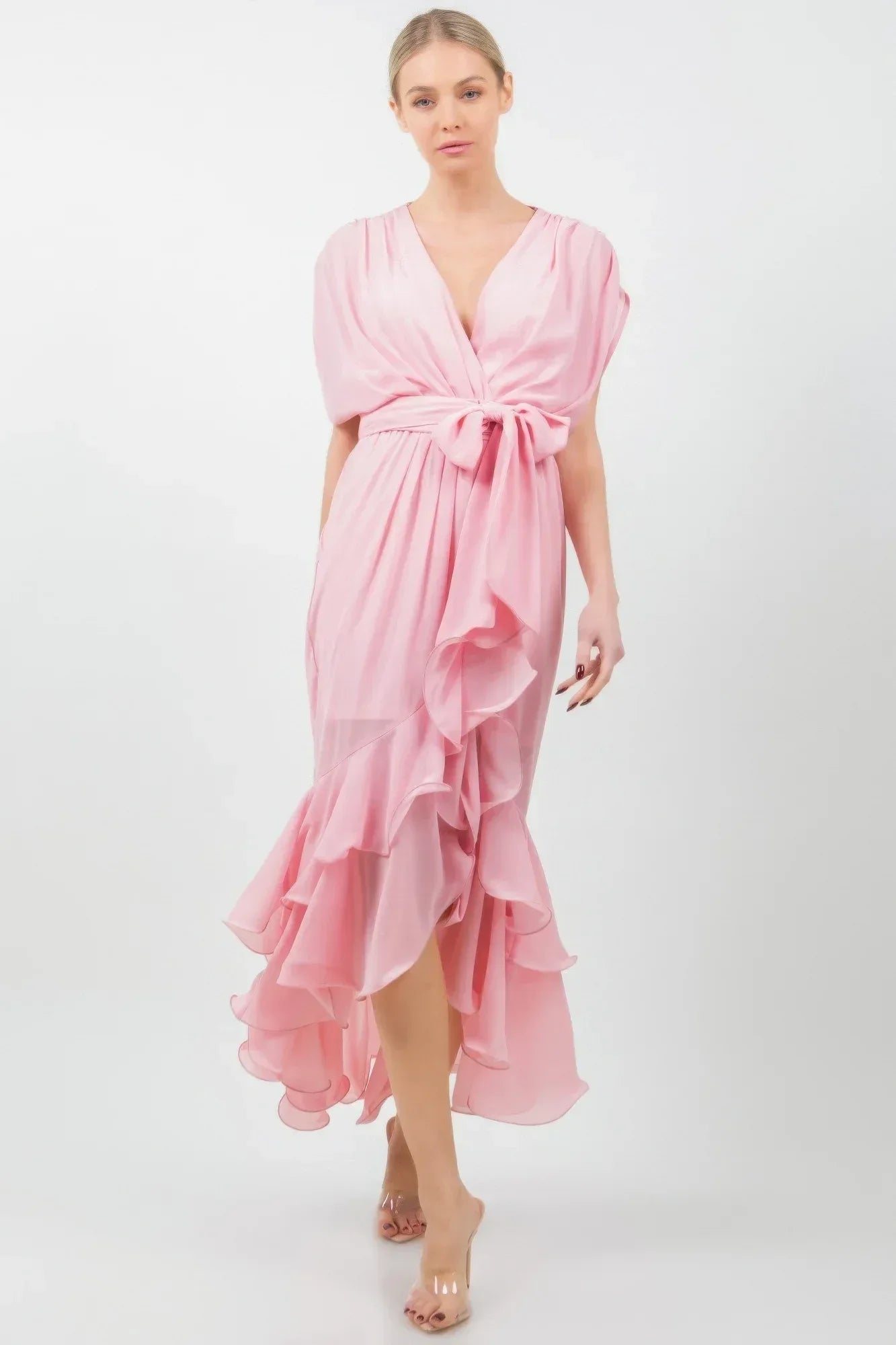 Solid Tie Waist Ruffle Midi Dress | Mixtshop LLC Main image