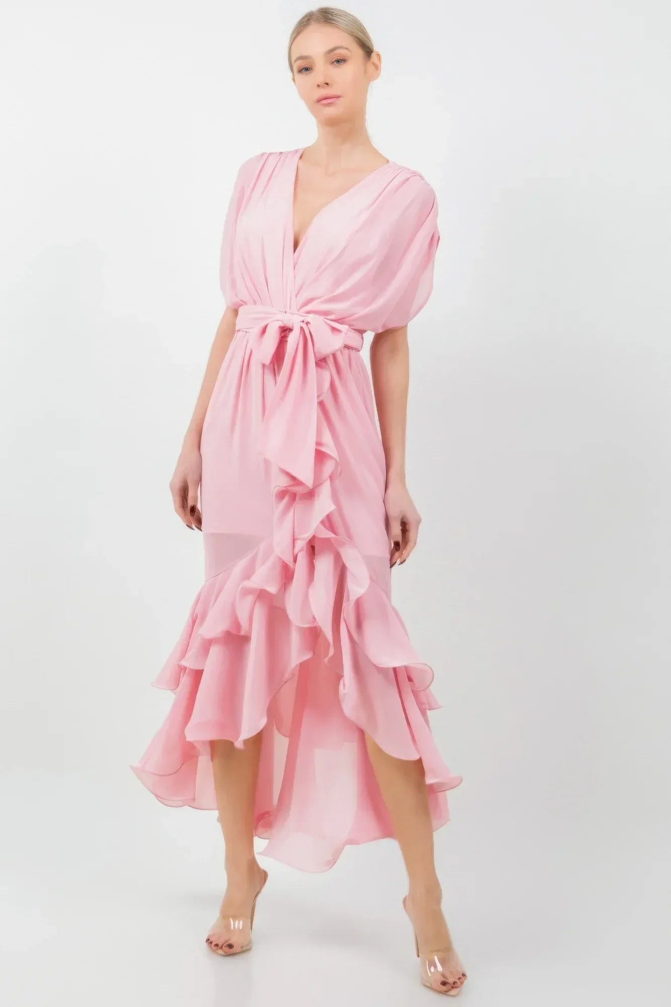 Solid Tie Waist Ruffle Midi Dress Secondary image