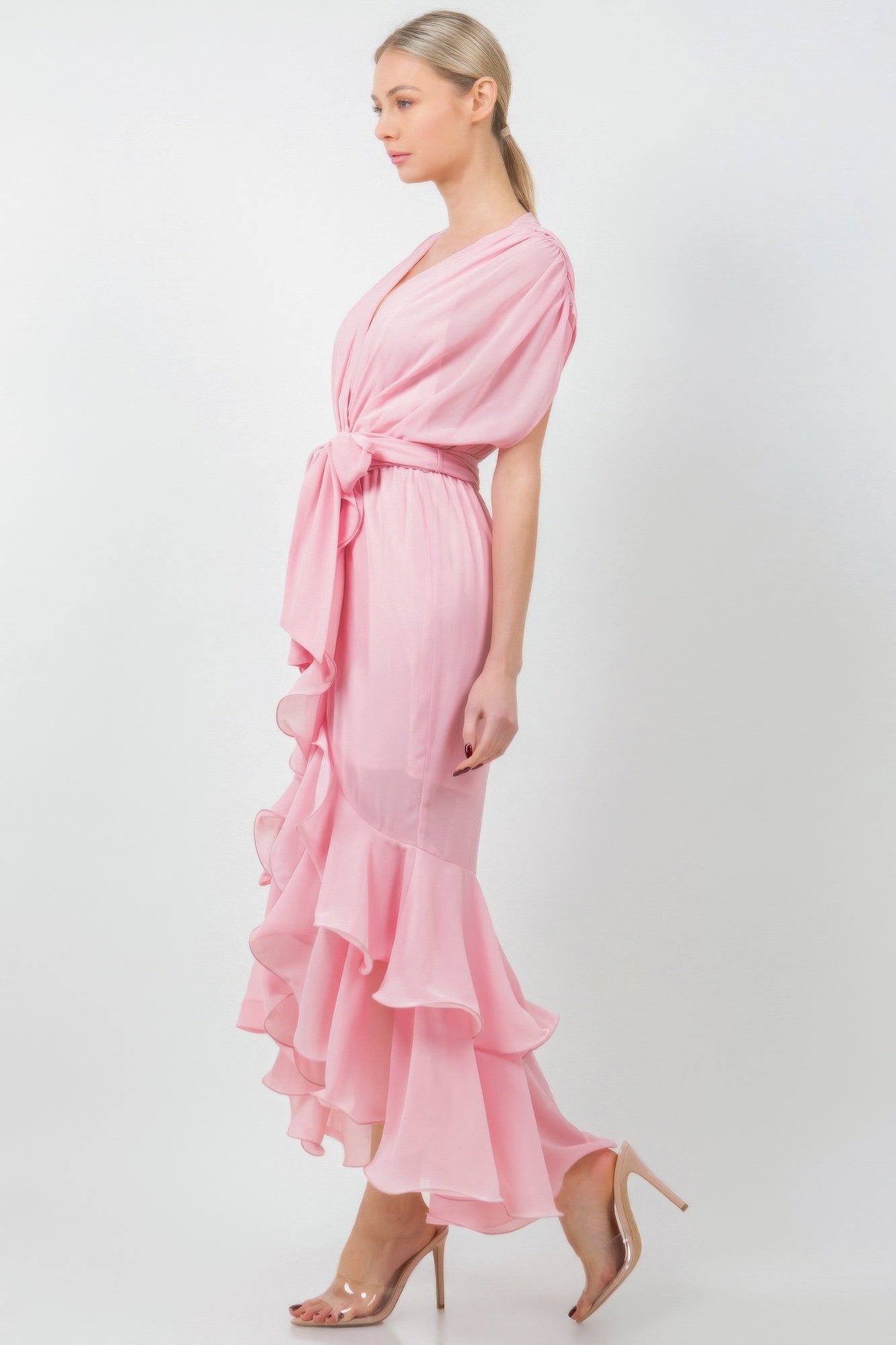 Solid Tie Waist Ruffle Midi Dress | Mixtshop LLC