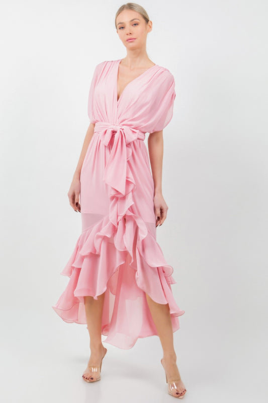 Solid Tie Waist Ruffle Midi Dress | Mixtshop LLC