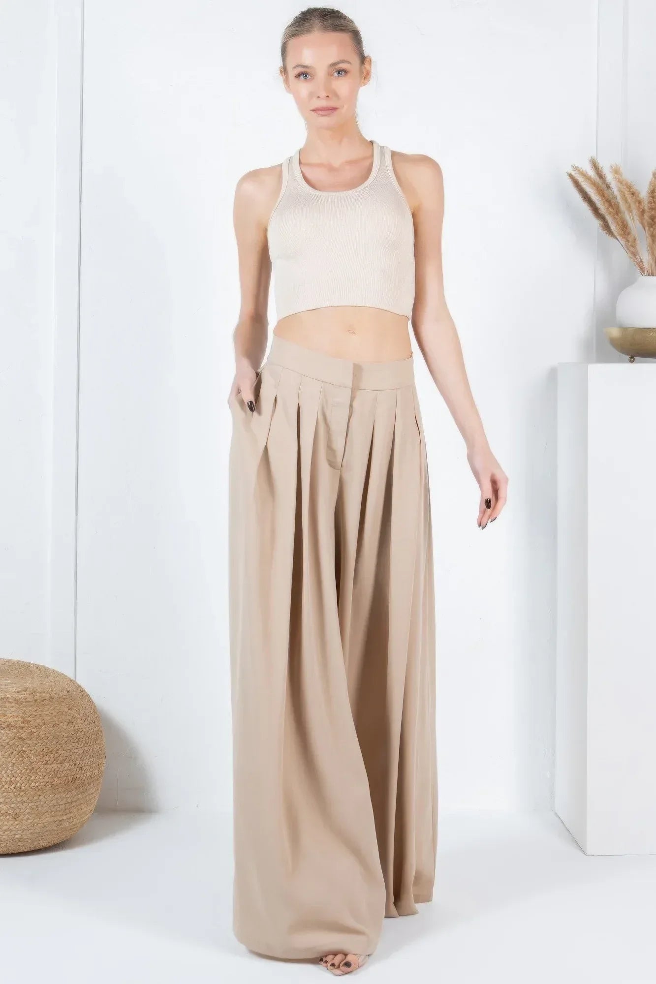 Large Hem Wide Leg Pleated Solid Pants | Mixtshop LLC