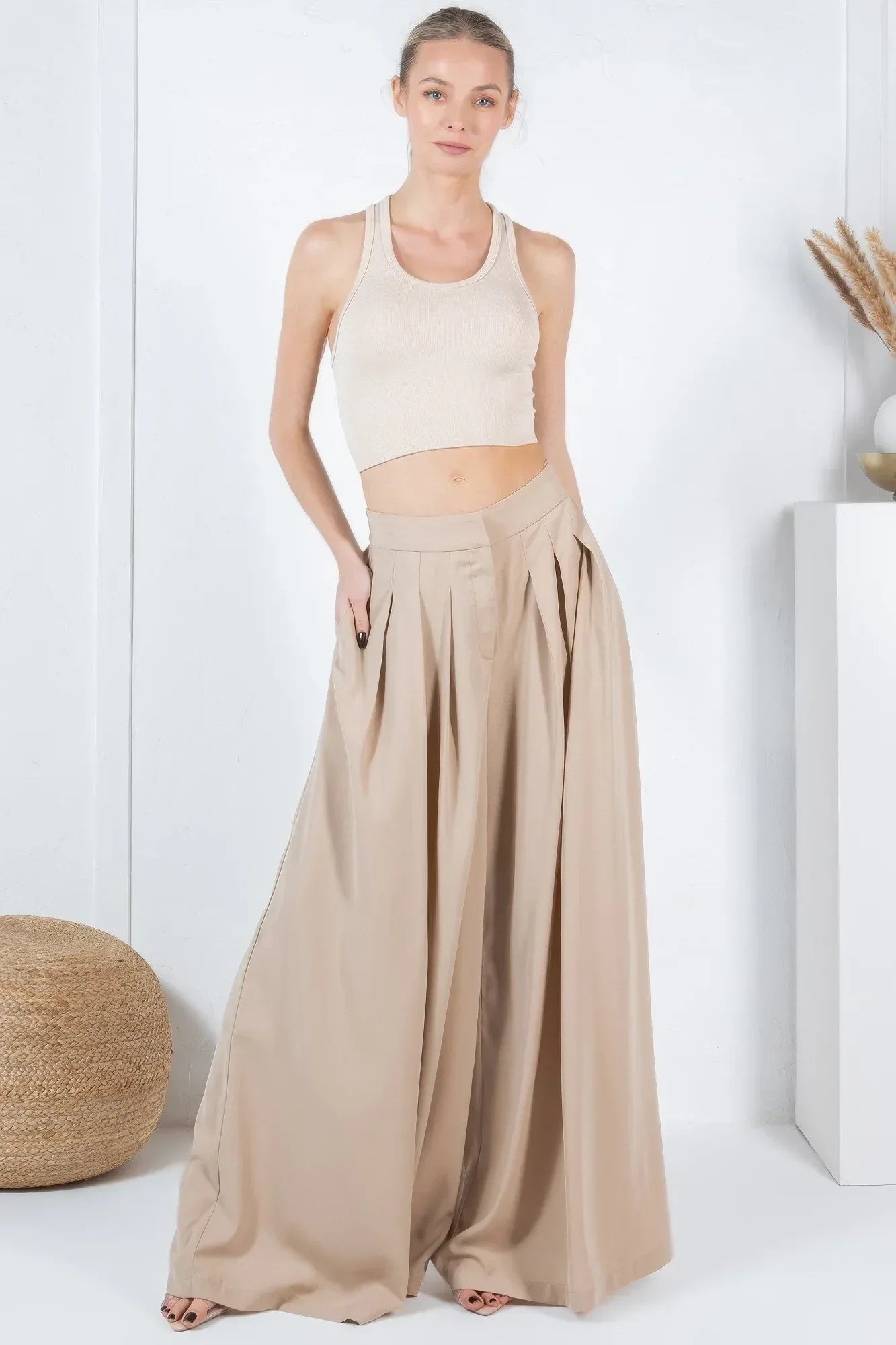 Large Hem Wide Leg Pleated Solid Pants | Mixtshop LLC
