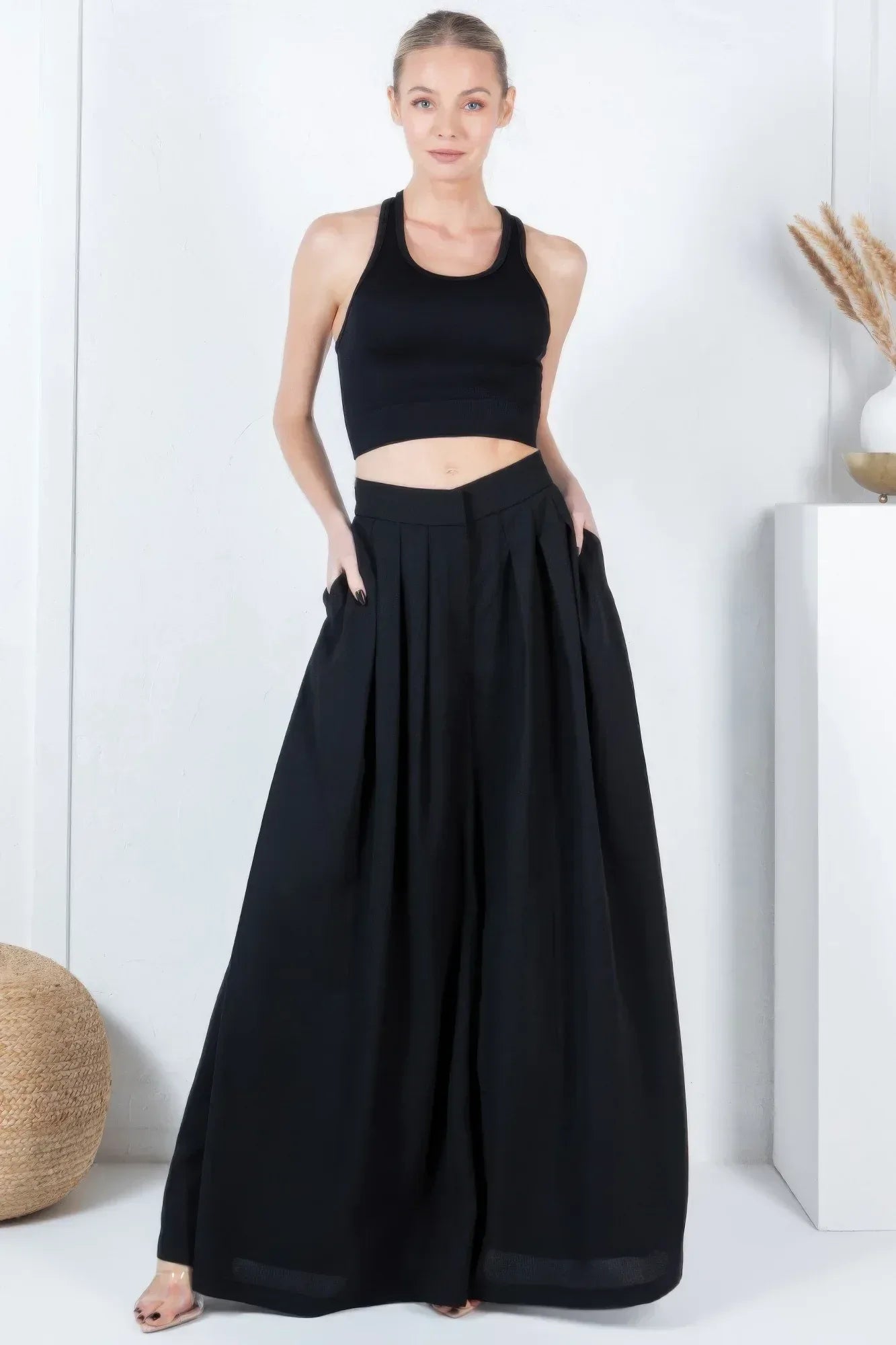 Large Hem Wide Leg Pleated Solid Pants | Mixtshop LLC Main image