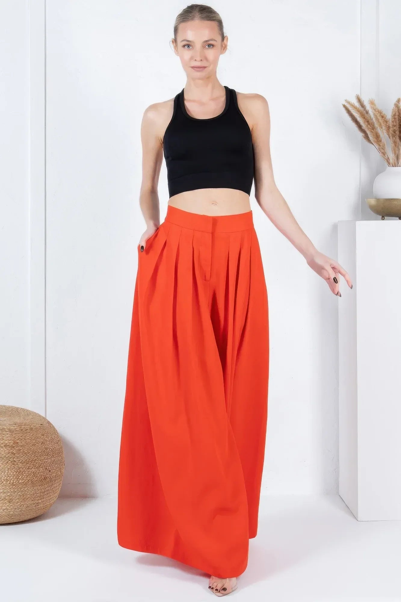 Large Hem Wide Leg Pleated Solid Pants | Mixtshop LLC