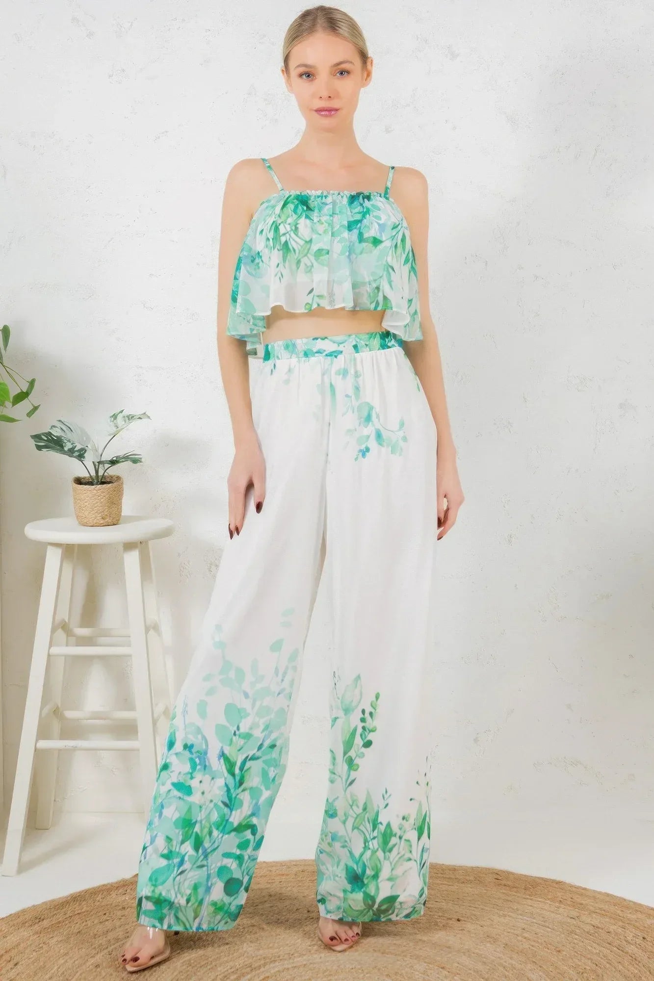 Printed Crop Top & Wide Leg Long Pants Set | Mixtshop LLC