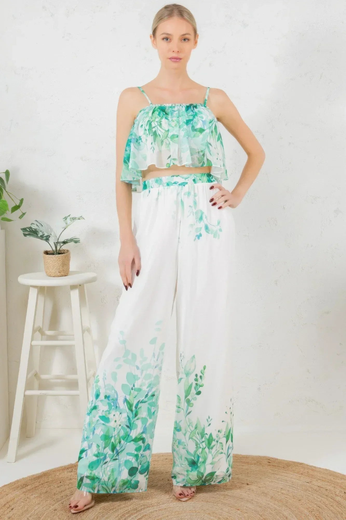 Printed Crop Top & Wide Leg Long Pants Set | Mixtshop LLC