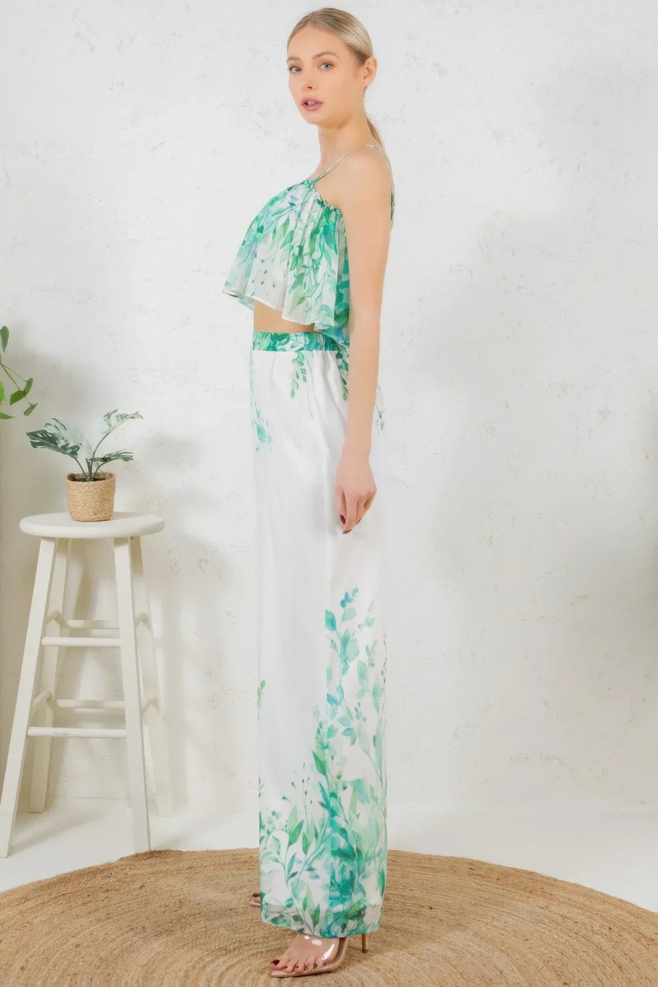 Printed Crop Top & Wide Leg Long Pants Set | Mixtshop LLC