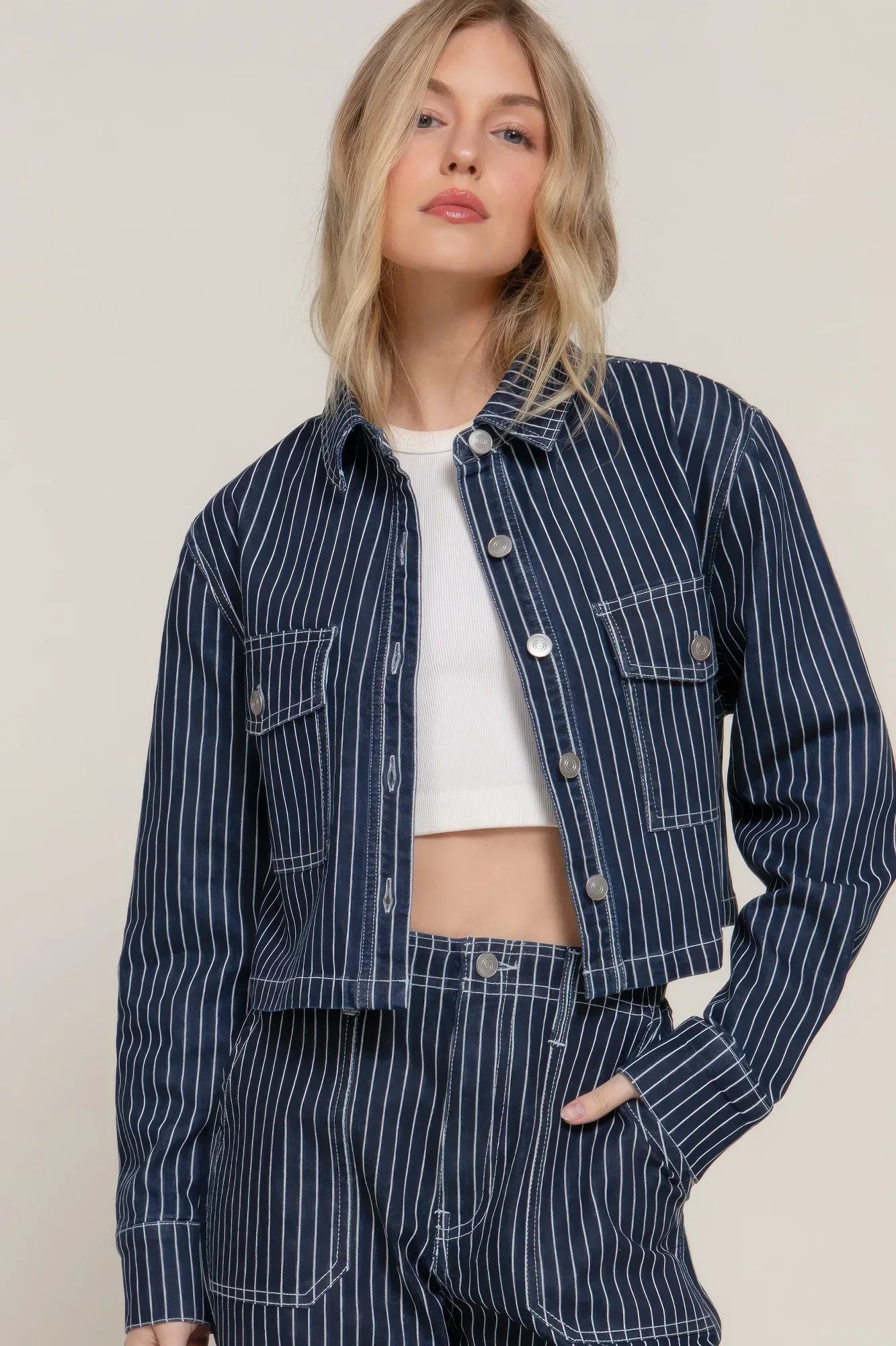 Button Down Stripe Denim Short Jacket | Mixtshop LLC Main image