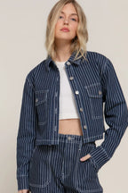 Button Down Stripe Denim Short Jacket | Mixtshop LLC