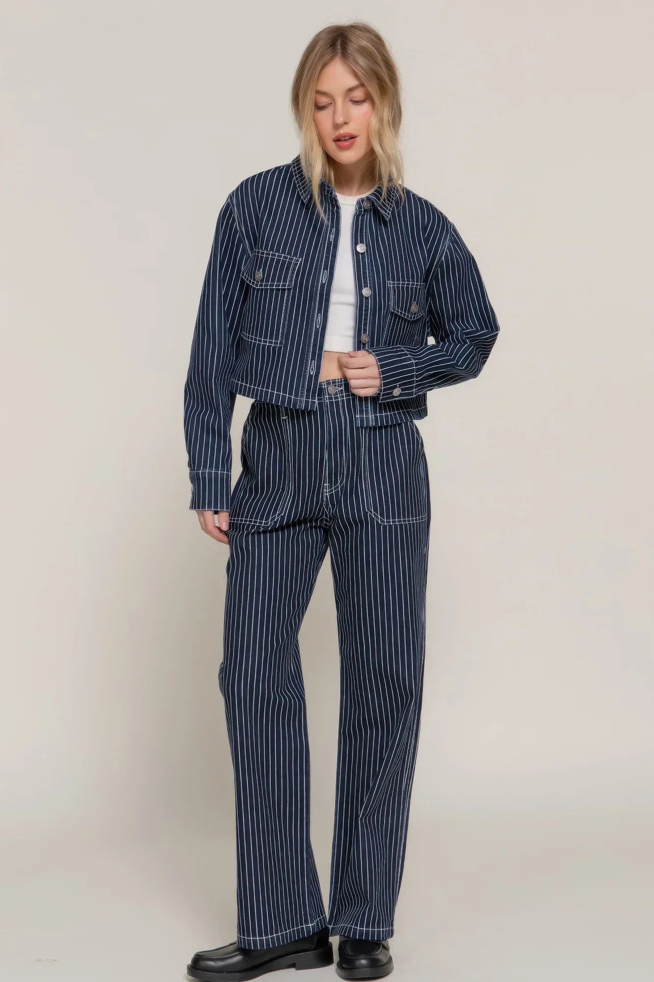 Button Down Stripe Denim Short Jacket | Mixtshop LLC