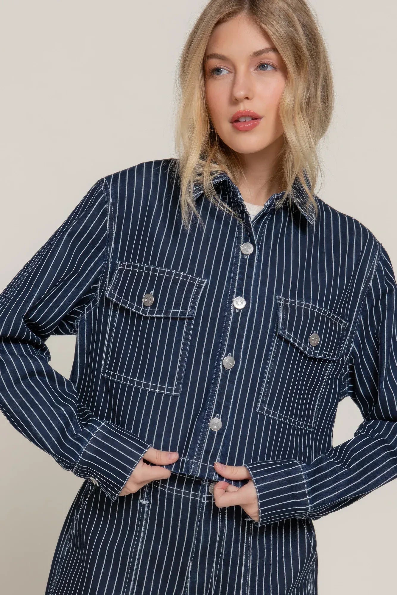 Button Down Stripe Denim Short Jacket | Mixtshop LLC