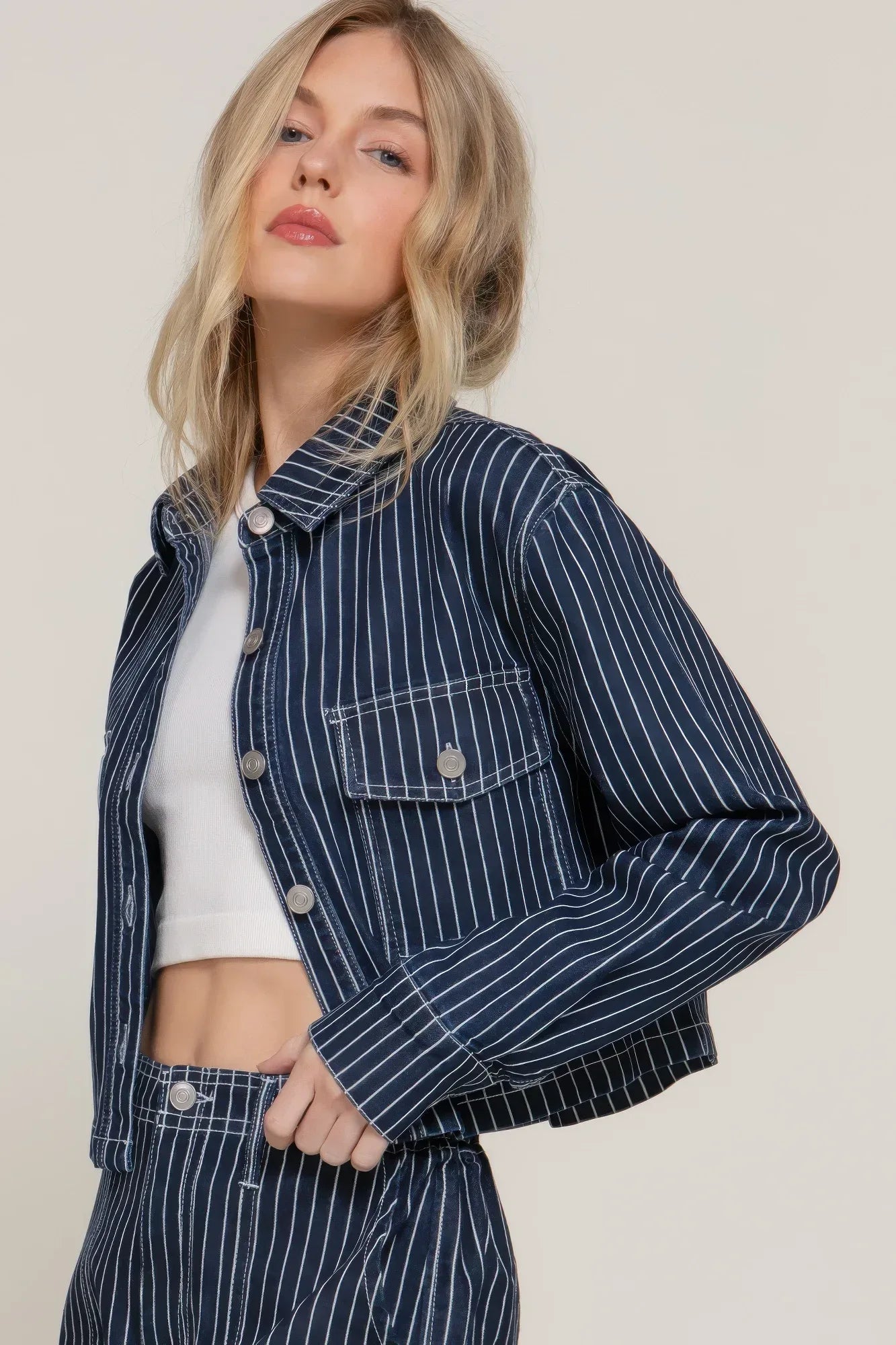 Button Down Stripe Denim Short Jacket | Mixtshop LLC