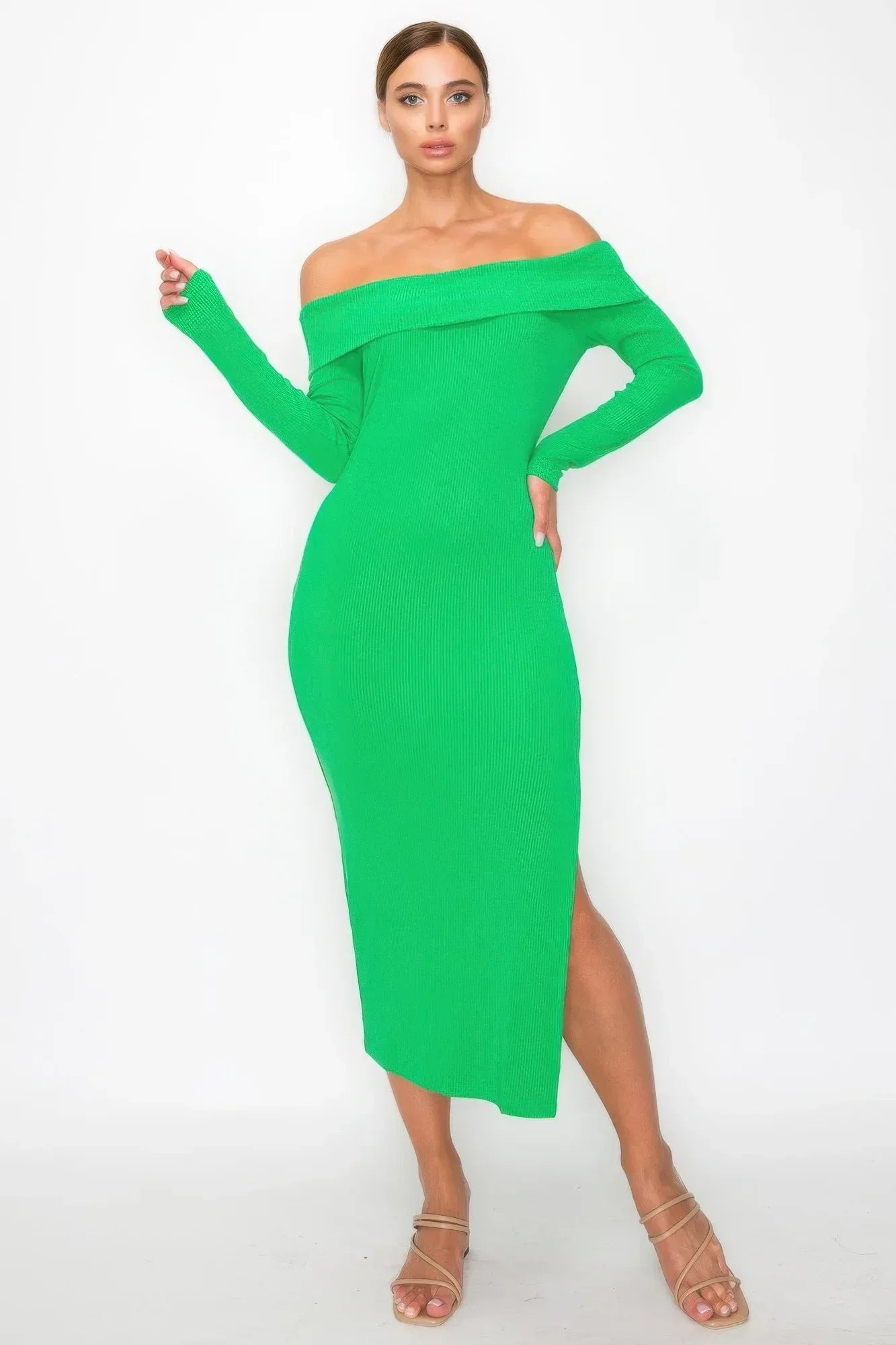 Off-shoulder Rib Midi Dress | Mixtshop LLC Main image