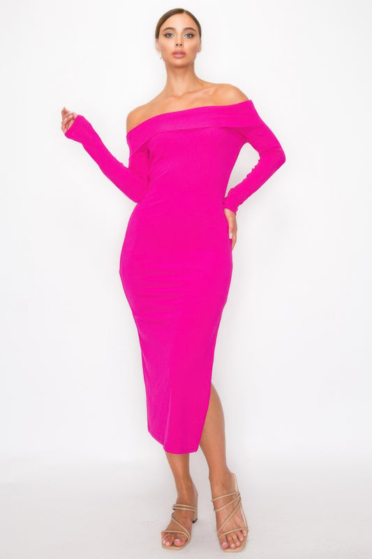 Off-shoulder Rib Midi Dress | Mixtshop LLC