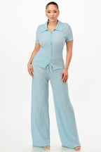Textured Polo Top And Pants Set | Mixtshop LLC