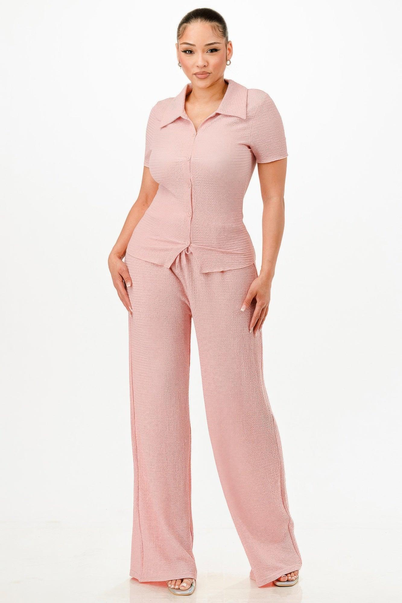 Textured Polo Top And Pants Set | Mixtshop LLC Main image