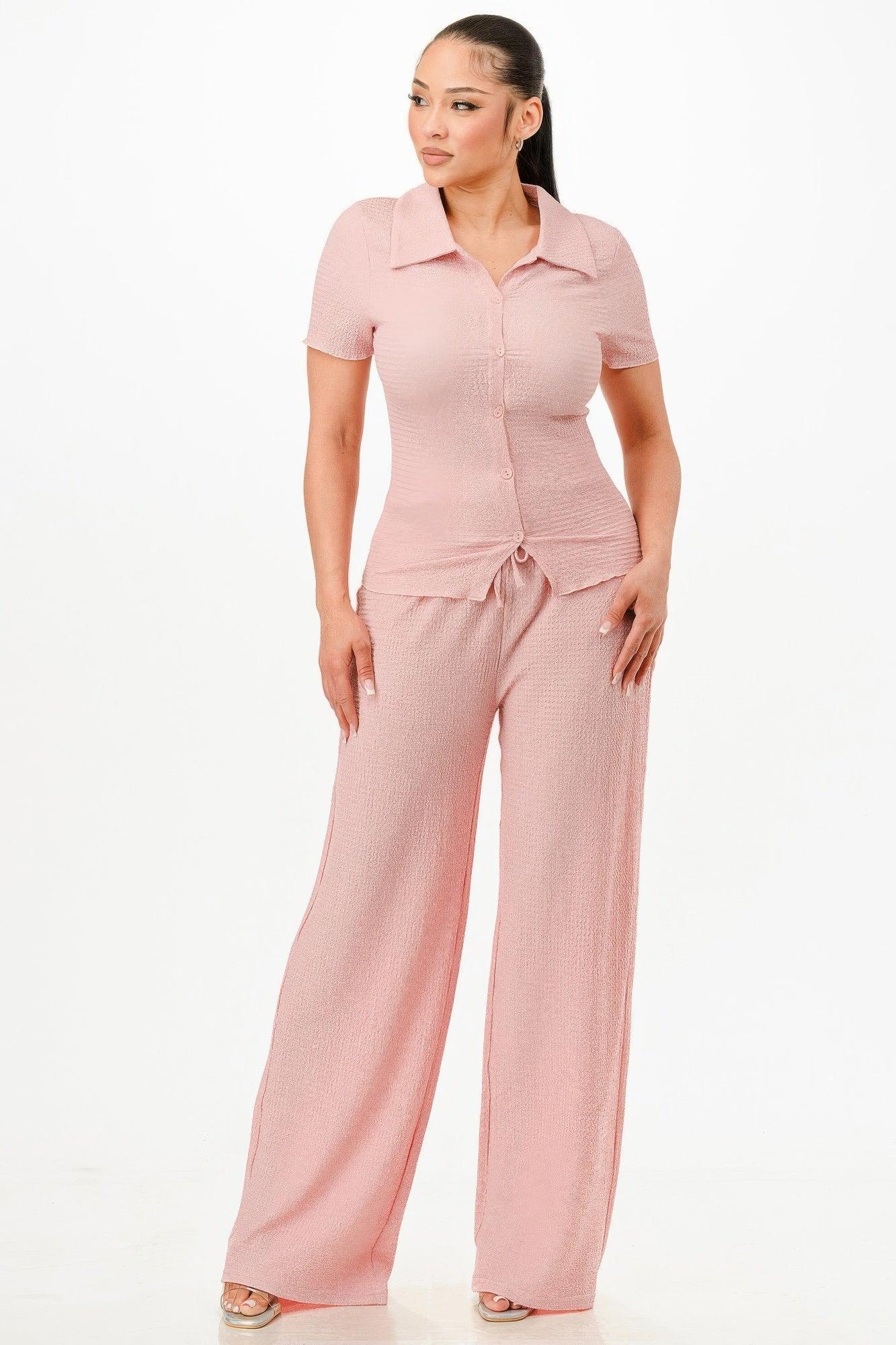 Textured Polo Top And Pants Set | Mixtshop LLC