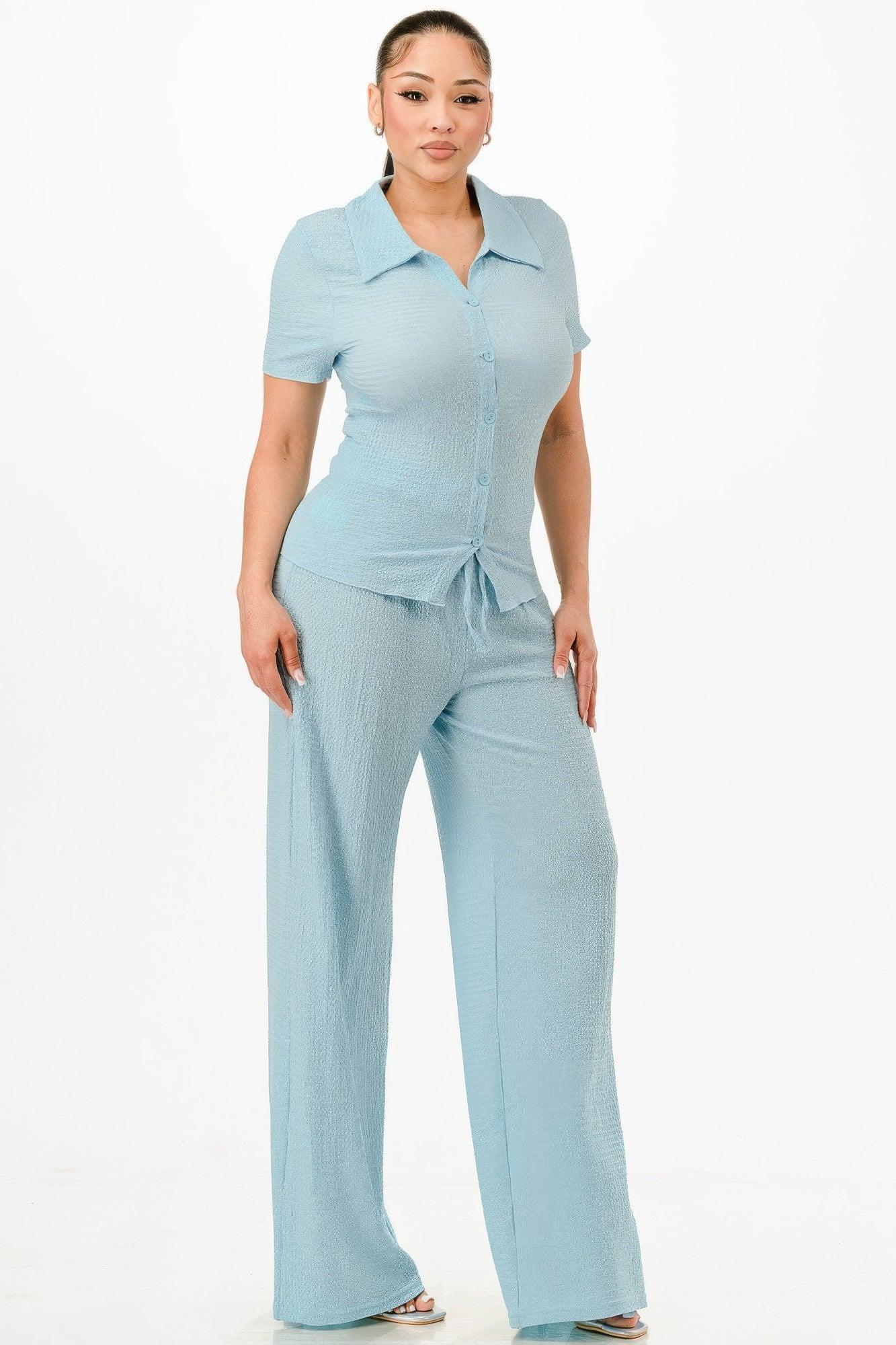 Textured Polo Top And Pants Set | Mixtshop LLC