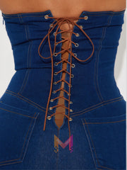 Strapless Denim Jumpsuit With Lace Up Back | Mixtshop LLC