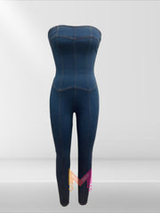 Strapless Denim Jumpsuit With Lace Up Back | Mixtshop LLC