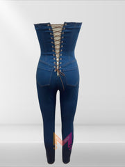 Strapless Denim Jumpsuit With Lace Up Back | Mixtshop LLC