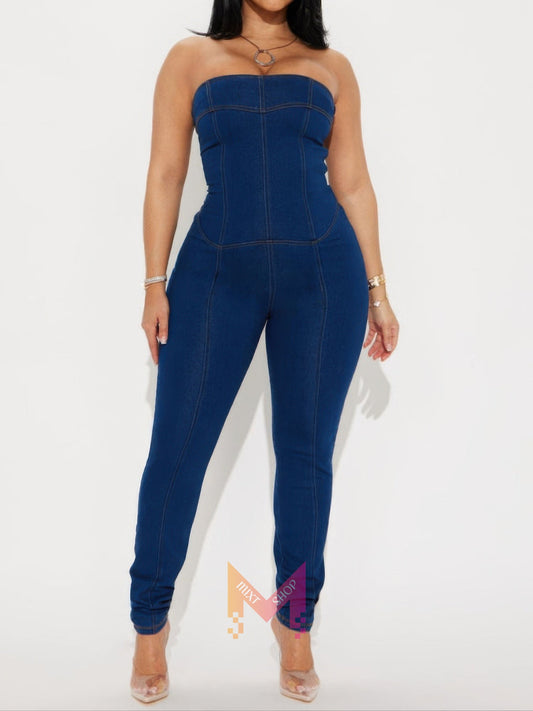 Strapless Denim Jumpsuit With Lace Up Back | Mixtshop LLC