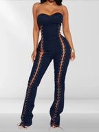 Lace Up Detail Denim Jumpsuit | Mixtshop LLC