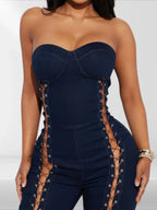 Lace Up Detail Denim Jumpsuit | Mixtshop LLC