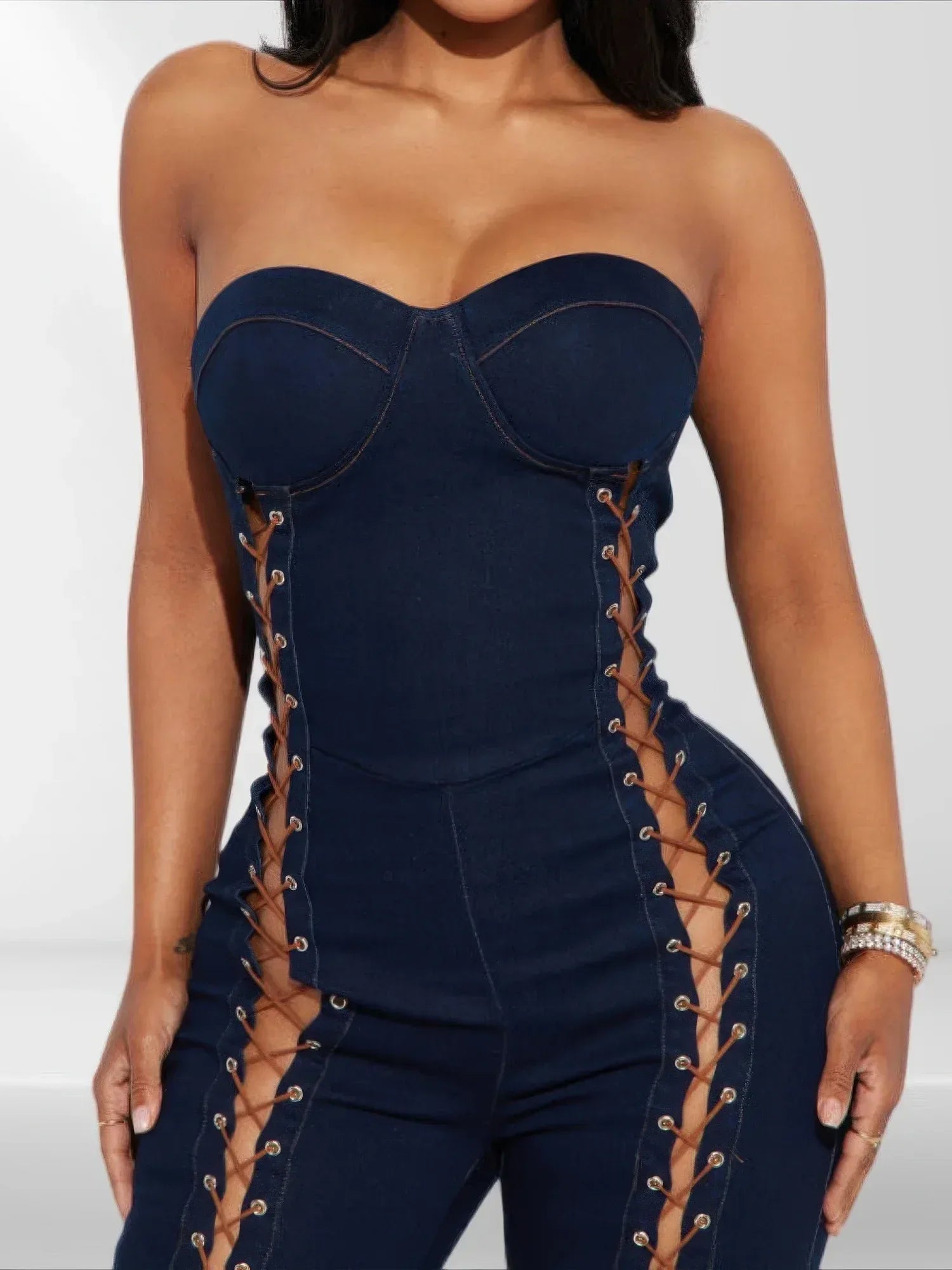 Lace Up Detail Denim Jumpsuit | Mixtshop LLC