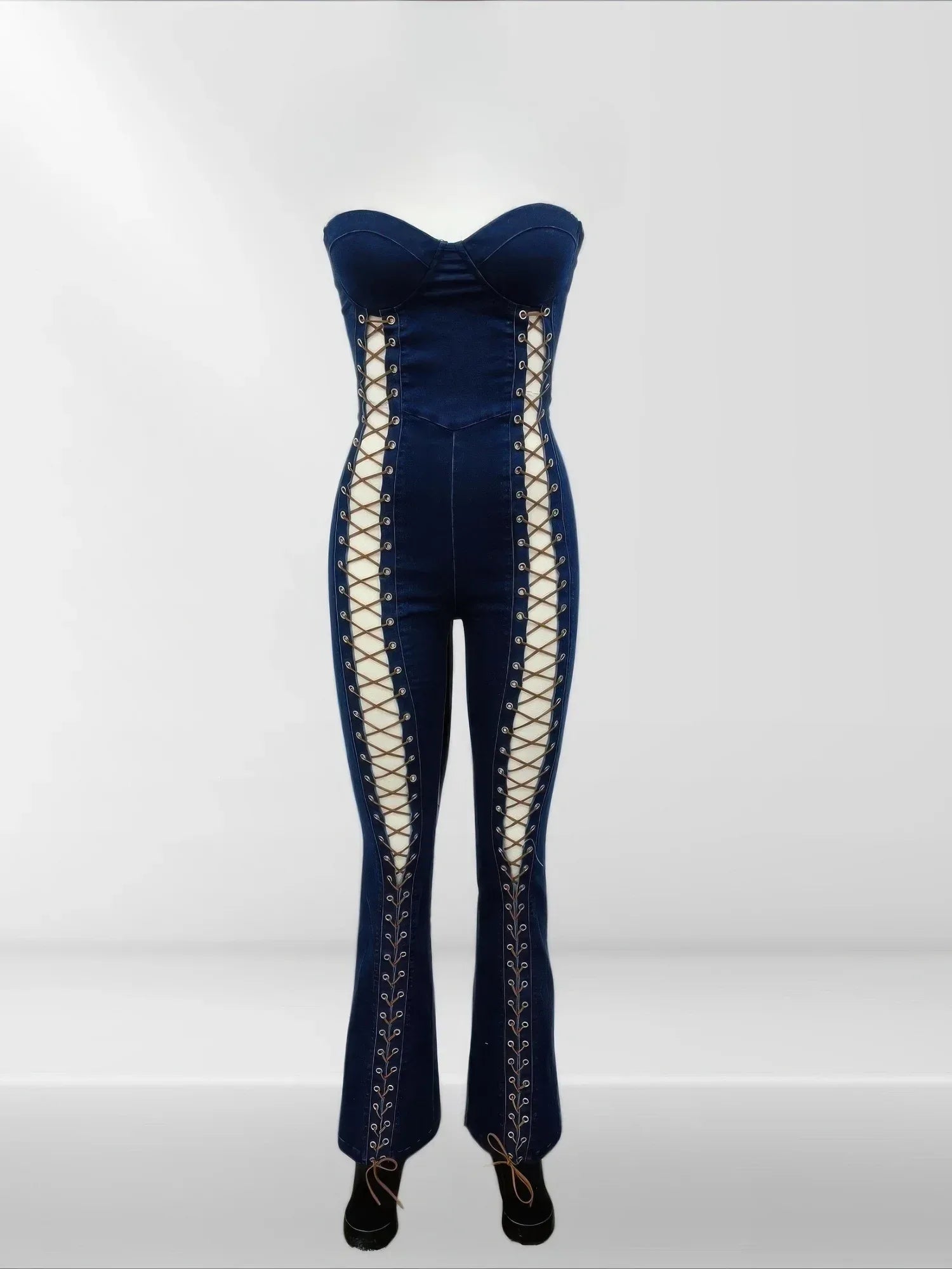 Lace Up Detail Denim Jumpsuit | Mixtshop LLC