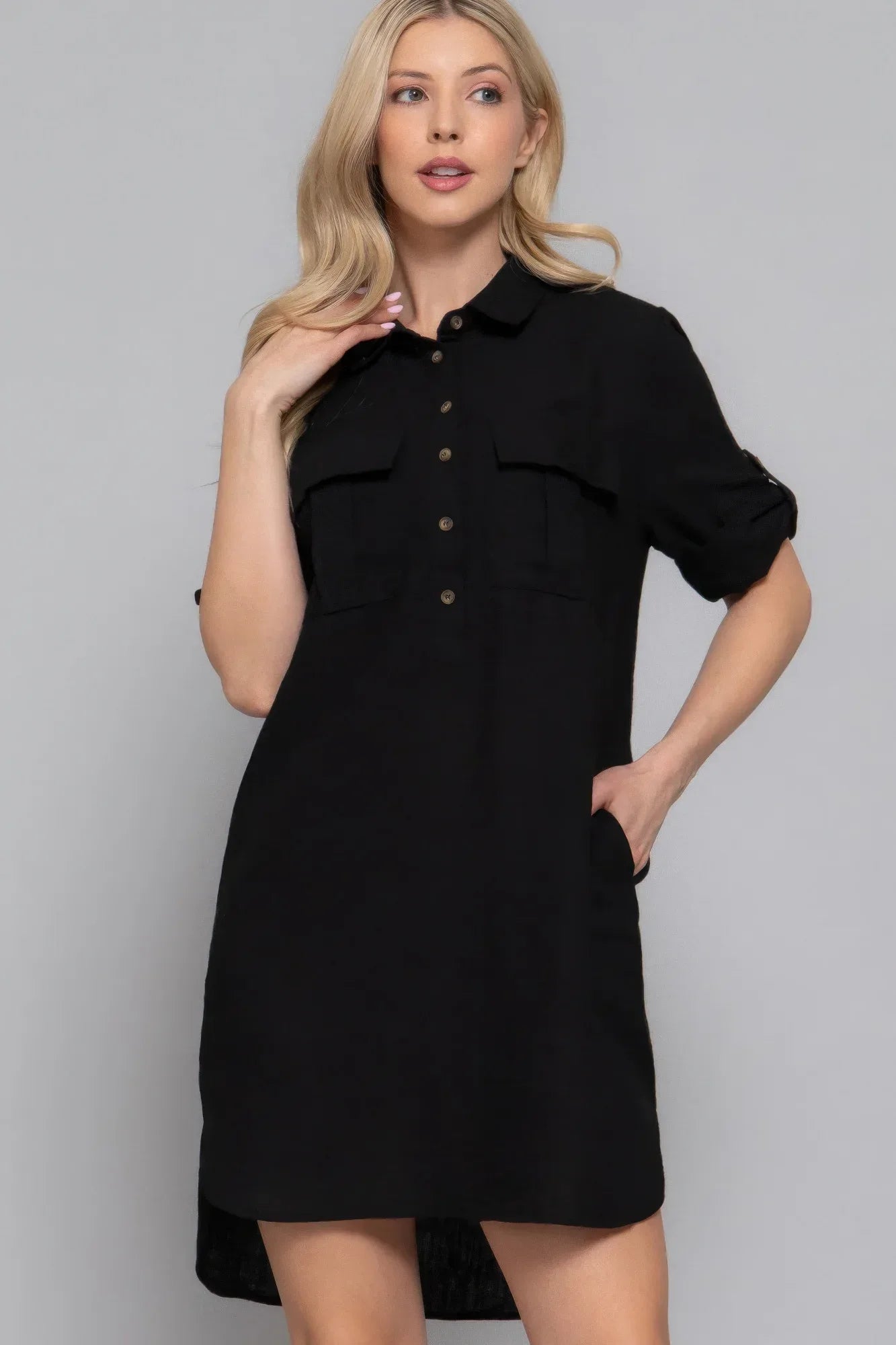 Roll Up Short Slv Straight Linen Effect Mini Dress | Mixtshop LLC Main image