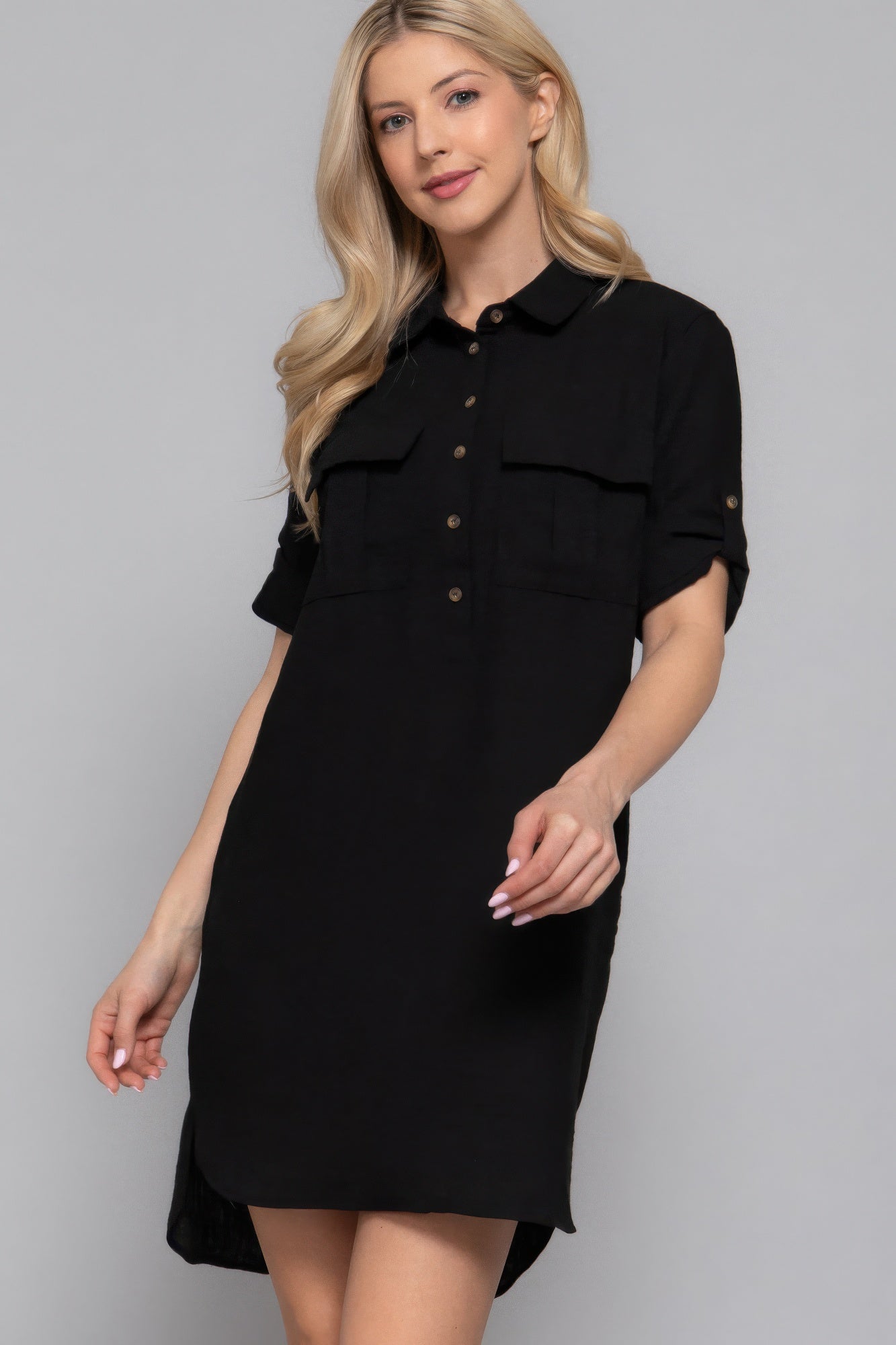 Roll Up Short Slv Straight Linen Effect Mini Dress | Mixtshop LLC
