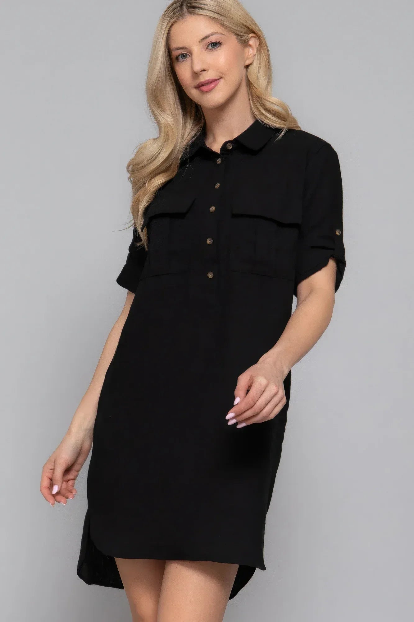 Roll Up Short Slv Straight Linen Effect Mini Dress | Mixtshop LLC