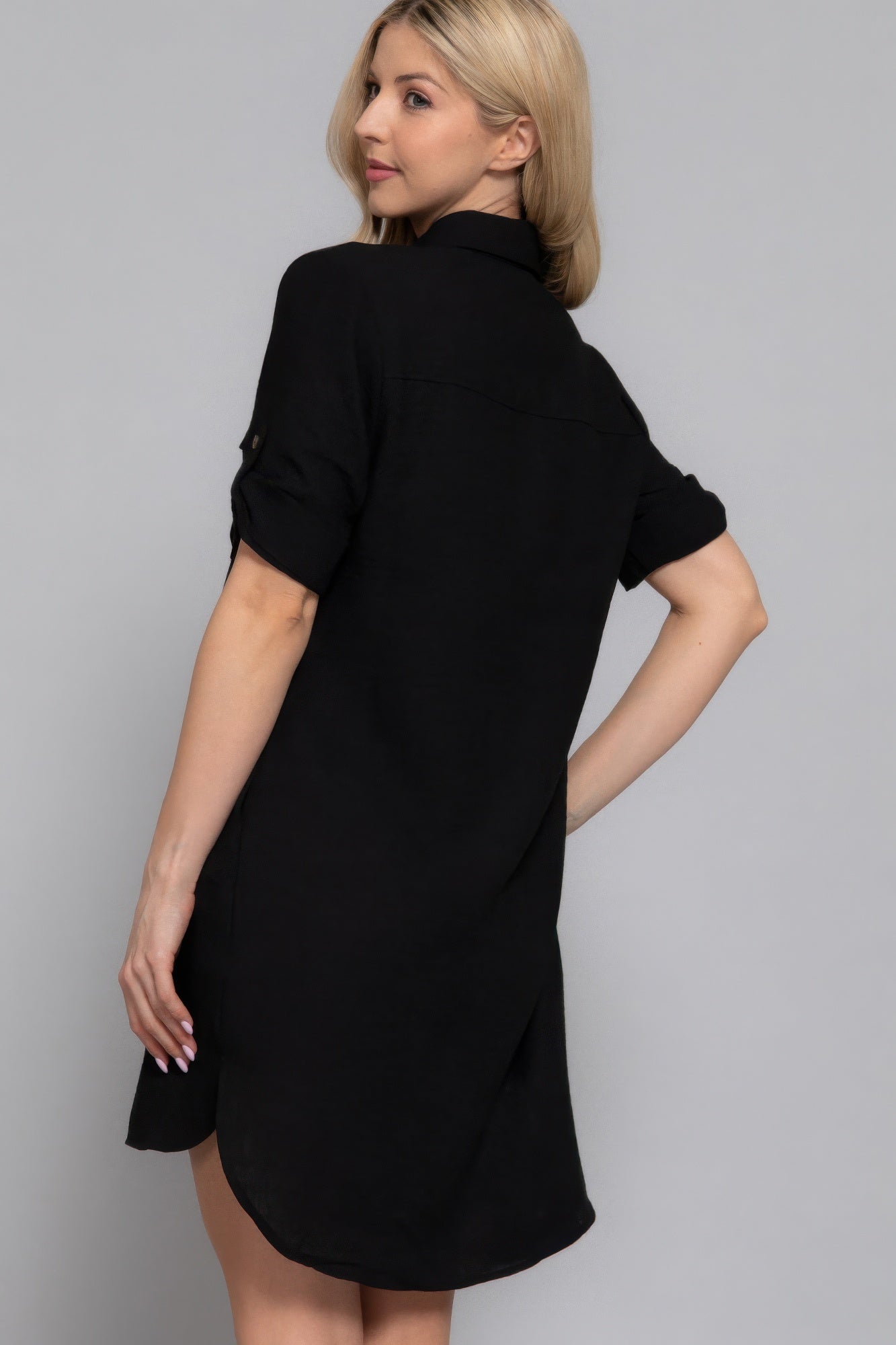 Roll Up Short Slv Straight Linen Effect Mini Dress | Mixtshop LLC