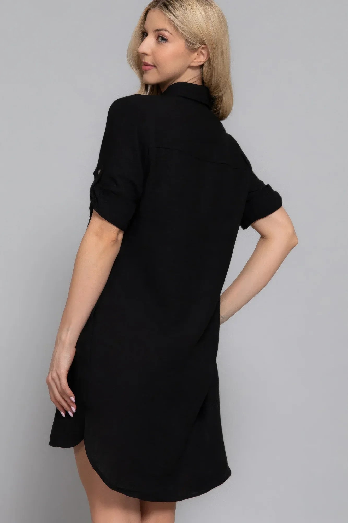 Roll Up Short Slv Straight Linen Effect Mini Dress | Mixtshop LLC