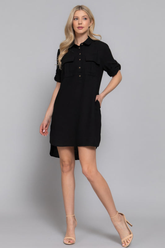 Roll Up Short Slv Straight Linen Effect Mini Dress | Mixtshop LLC