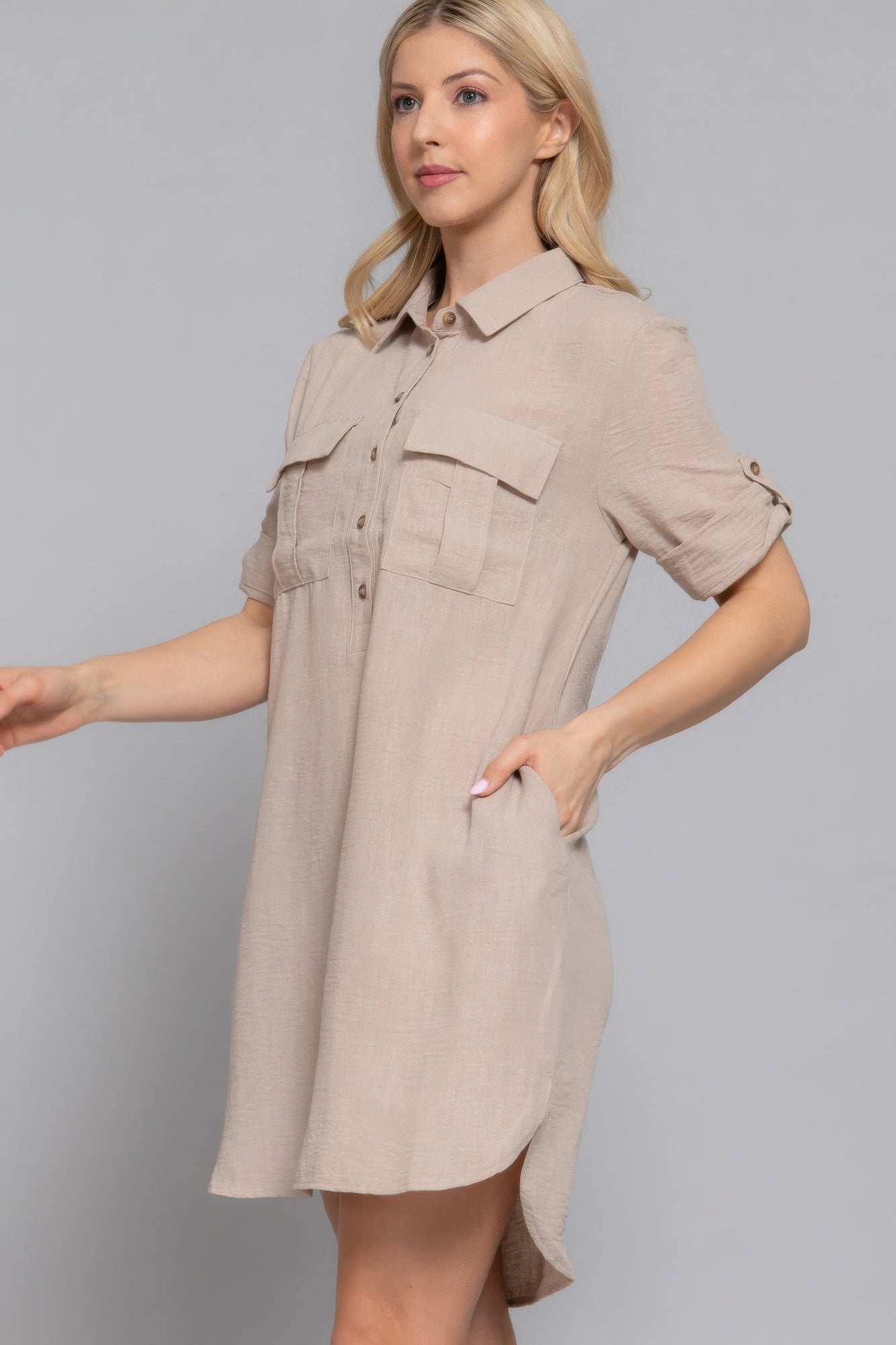 Roll Up Short Slv Straight Linen Effect Mini Dress | Mixtshop LLC