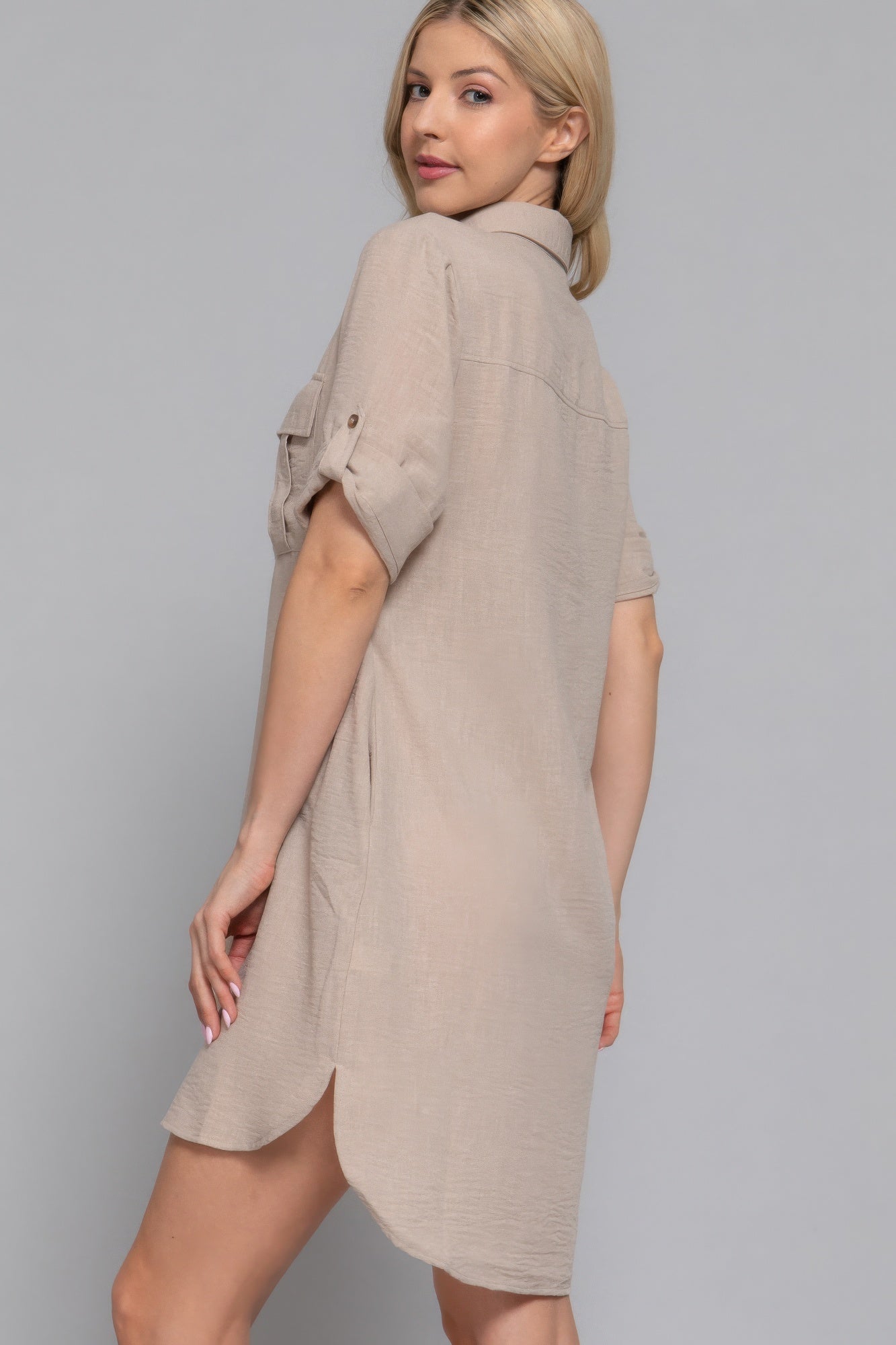 Roll Up Short Slv Straight Linen Effect Mini Dress | Mixtshop LLC
