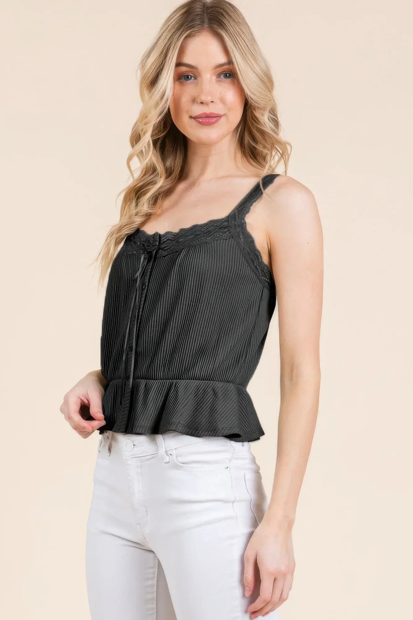 Lace Peplum Tie Front Ribbed Cami Top Secondary image